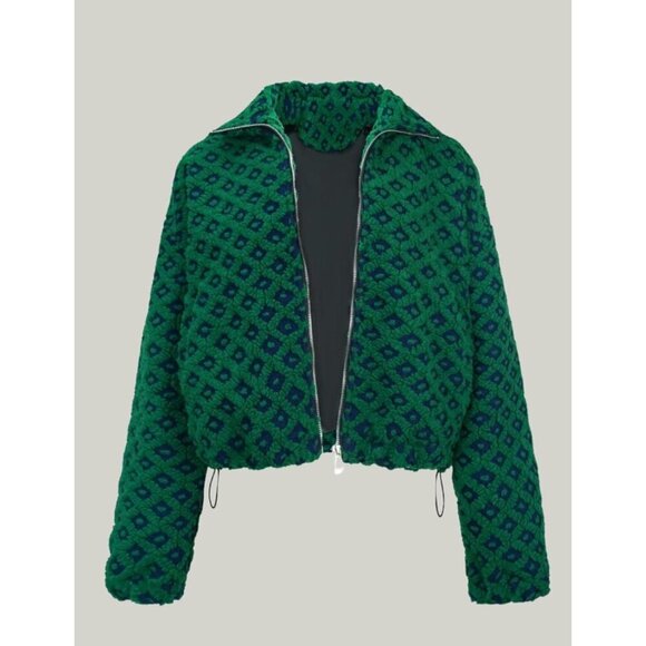 Women Dark green Cropped Sherpa Fleece Plaid Jacket Chunky Outerwear - Picture 4 of 7